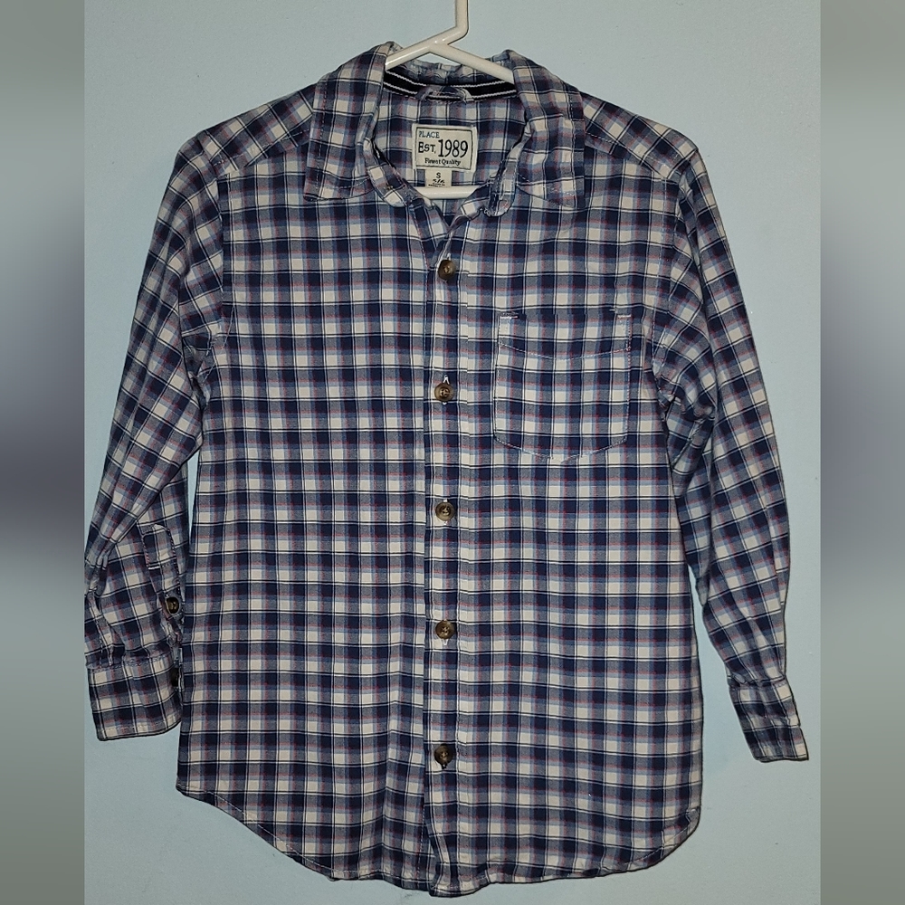 Place Plaid long sleeve button down collared shirt blue white Buttoned Cuffs 5 6